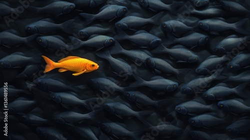 Golden Fish in the Crowd: A single golden fish swims against the tide, contrasting the uniformity of the dark, school. Evoking themes of individuality, courage, and standing out.