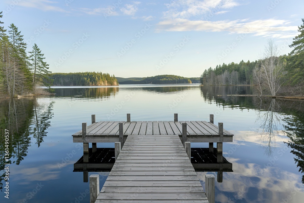 Obraz premium A photo of a calm lake with a wooden pier extending into the water.