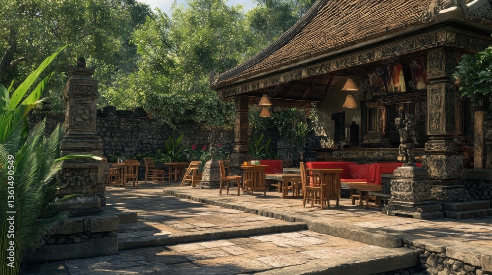 Serene Outdoor Dining Area Surrounded by Lush Greenery in a Tropical Setting Serene Outdoor Dining Area Surrounded by Lush Greenery in a Tropical Setting