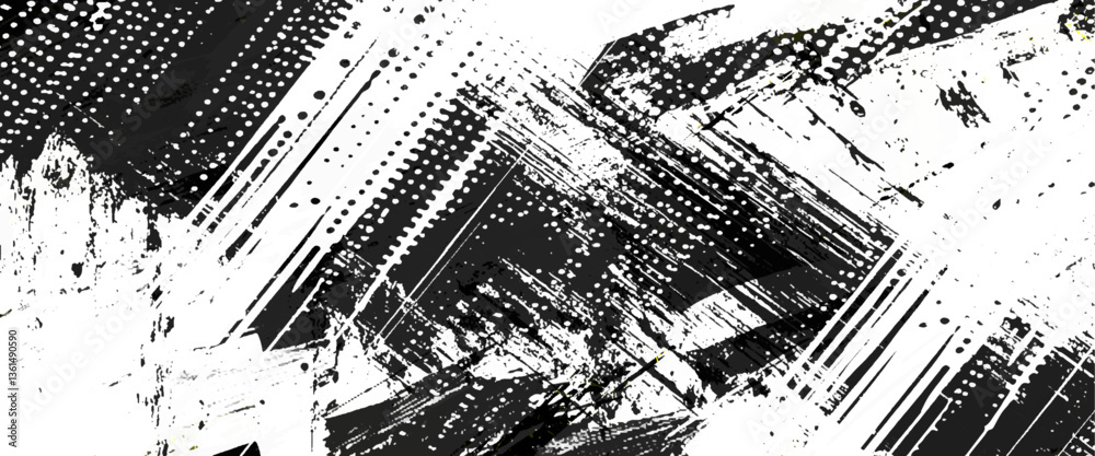 Vector modern paintbrush grunge with halftone dots pattern texture style black grunge brush stroke background.