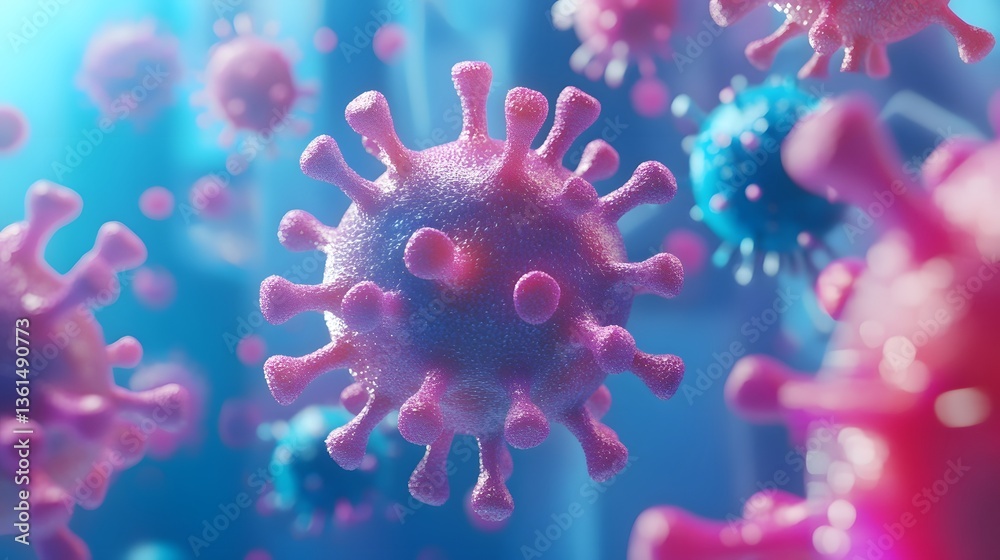 Fototapeta premium Microscopic Virus 3D Render, Blue Background (2)
