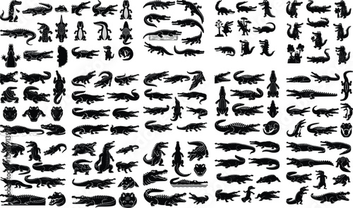 Cute crocodile set collection Set of Crocodile shillouette vector illustration Crocodile and alligator silhouette set
