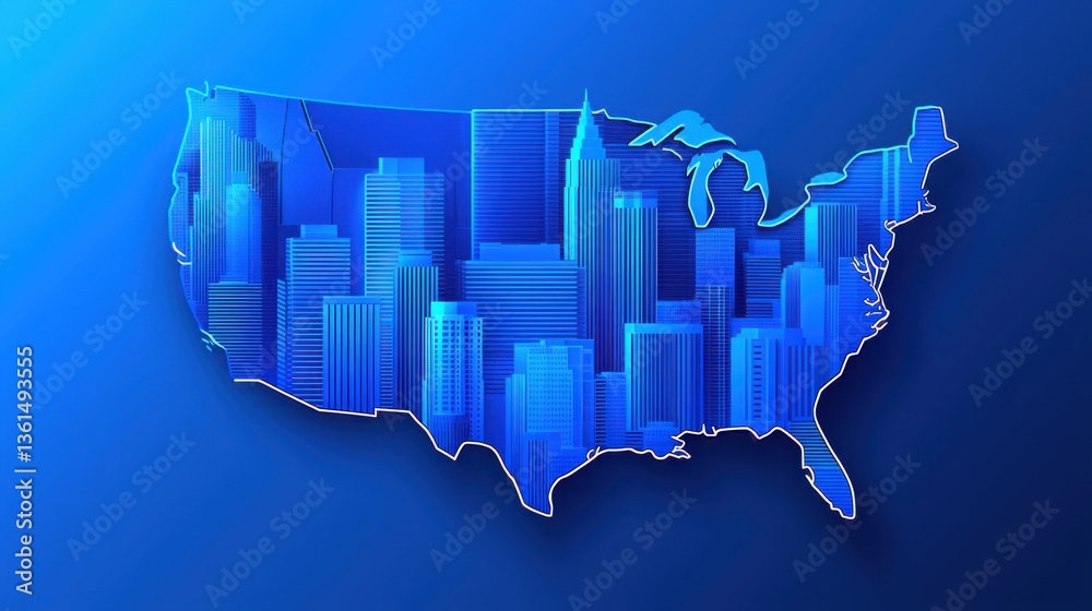 Fototapeta premium Detailed map of the united states in blue featuring city names labeled clearly on a clean background design