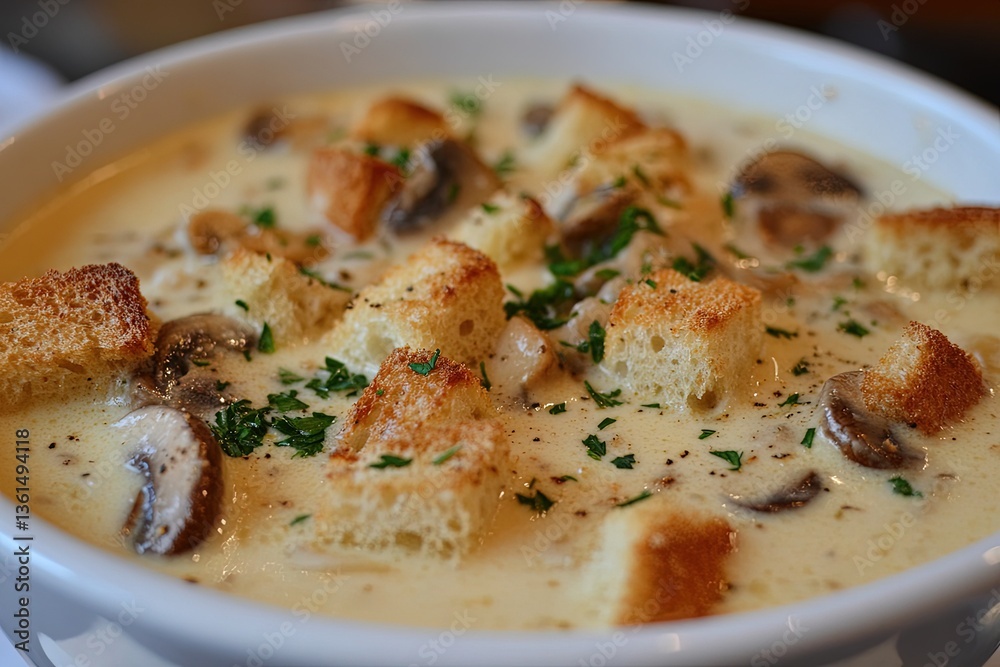 A bowl of cream of mushroom soup with parsley A bowl of cream of mushroom soup with parsley