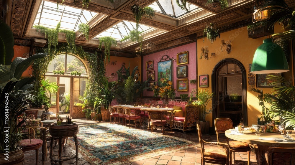 Obraz premium Cozy indoor restaurant with vibrant decor, greenery, and natural light