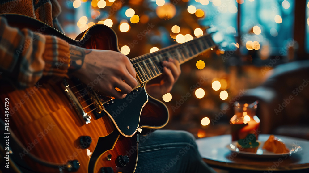 Fototapeta premium Close-up of a guitarist playing an electric guitar with warm ambient lighting in a cozy atmosphere