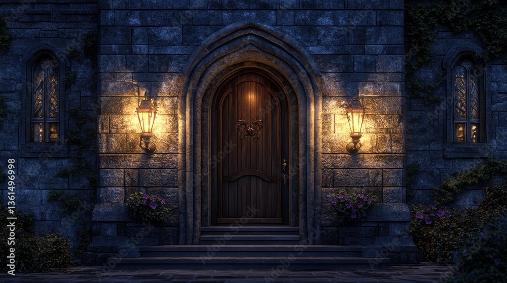 Obraz premium Majestic stone doorway illuminated at night with glowing lanterns and flowers