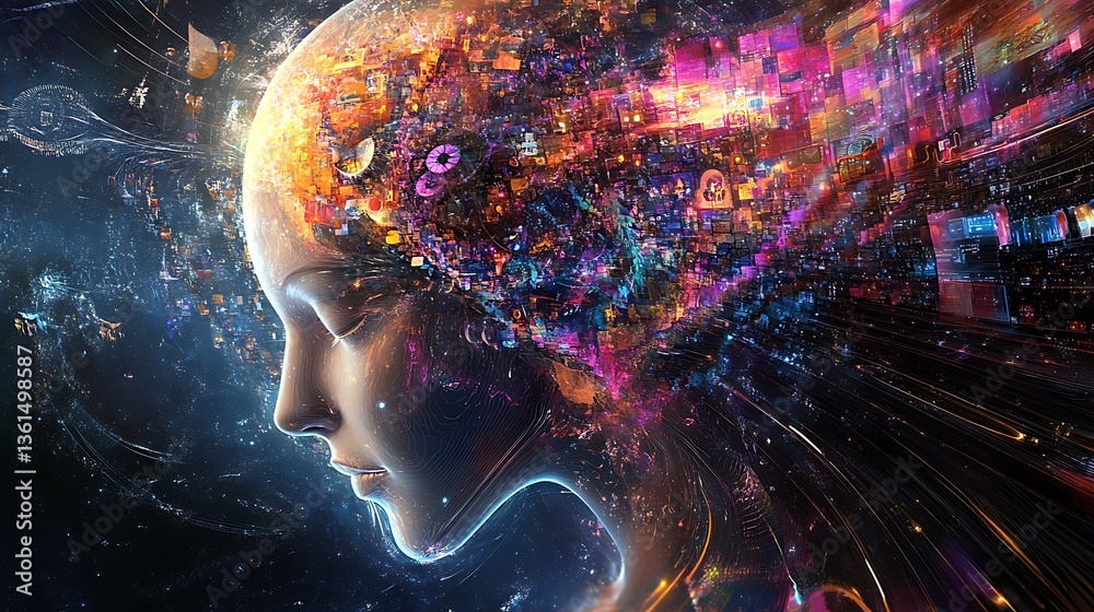 AI generated image of a head with vibrant, cosmic digital landscape for expresses complexity of the human mind boundless potential of technology concept. AI generated image of a head with vibrant, cosmic digital landscape for expresses complexity of the human mind boundless potential of technology concept.