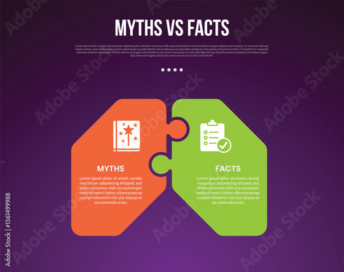 myths vs facts infographic for comparison data with round puzzle box connection with modern dark gradient style background with 2 point information