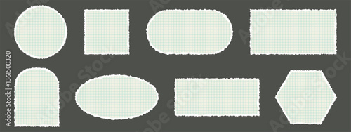 Torn paper pieces rip white notebook and note scraps on a dark background. For scrapbook, design, and mockup projects. Vector illustration.