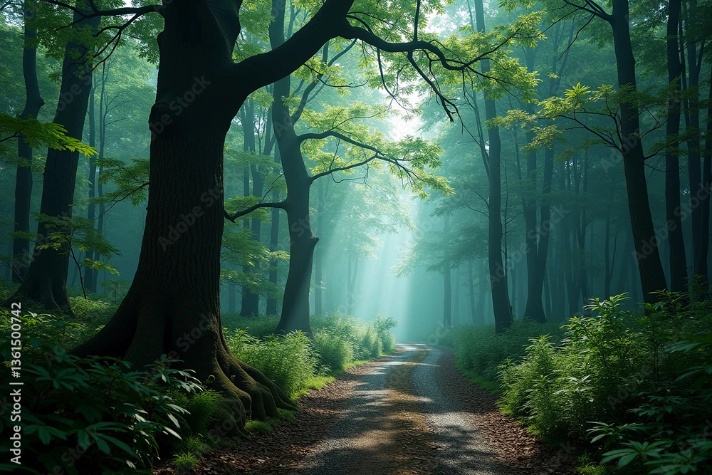 Naklejka premium Path in a dense forest with large, old trees. Foggy, summer morning, sunbeams drooping through the tree crowns creating an atmosphere of mystery. Beautiful landscape of wild wooded area.