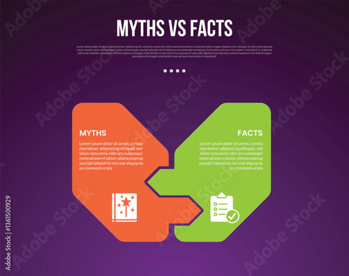 myths vs facts infographic for comparison data with puzzle jigsaw on arrow shape with modern dark gradient style background with 2 point information