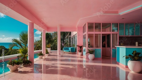 Miami Vice-style 80s house with pastel-colored walls, Art Deco architecture, and neon lights