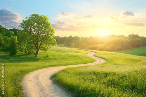 Winding country road at sunrise through green meadow