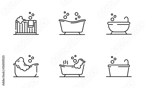 Set of Bathtub icon, Bathroom with Soap foam, Shower room Symbol Outline icon, Editable Stroke