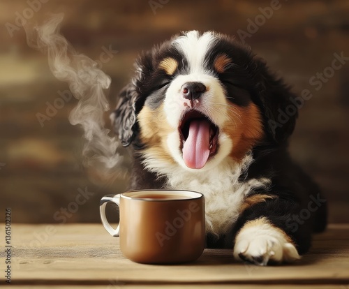 Warm Coffee with a Sleepy Puppy: A heartwarming image of a cute puppy yawning next to a warm cup of coffee, conveying comfort and relaxation.