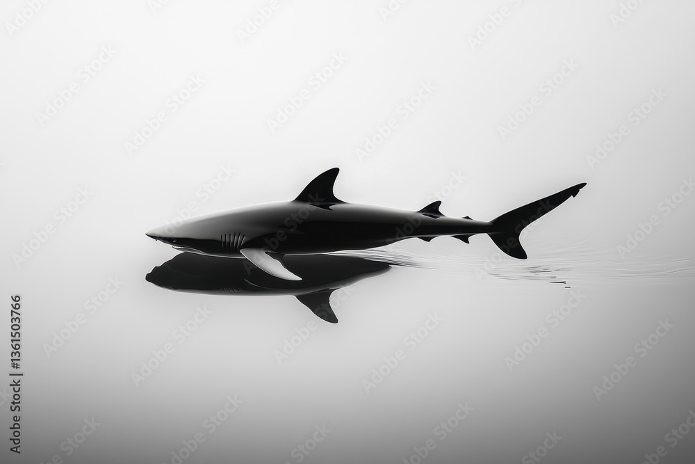 Fototapeta premium Cinematic shot captures a majestic shark gliding through the calm surface water at dawn, Cinematic shot of a passing shark