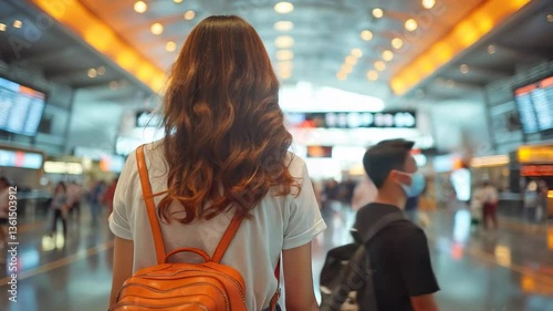 Travel concept. A woman walks in the passenger hall before boarding a plane.