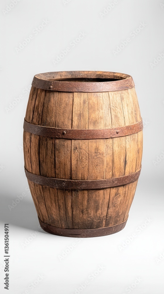 Fototapeta premium A classic wooden barrel, featuring sturdy bands and a rustic finish, often used for storage or aging liquids like wine or whiskey.