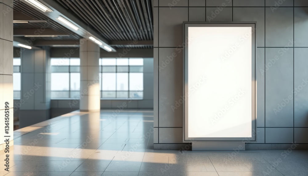 Fototapeta premium Vertical advertising billboard display in modern MRT station. Blank mockup for ads, marketing campaign. Empty digital screen for advertisement. Indoor OOH template.