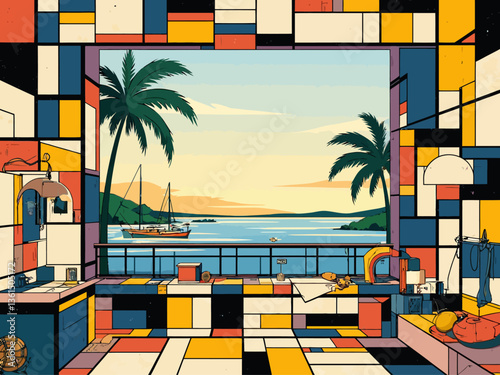 nautical 1920s art deco ceramic tile texture tropical vintage style muted rainbow