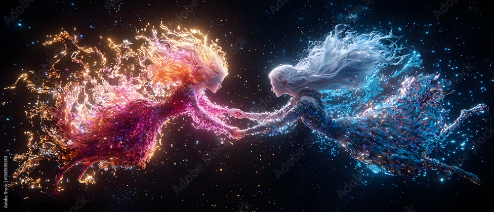Two Glowing Figures Intertwined in a Cosmic Dance Two Glowing Figures Intertwined in a Cosmic Dance