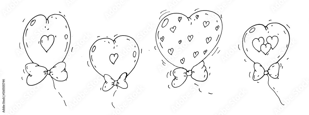Fototapeta premium Black and white heart-shaped balloons with bows in a hand-drawn doodle style isolated on transparent background.. For coloring books, greeting cards, wedding, scrapbooking project