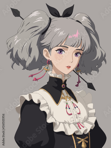 A cute anime girl with silver hair, pink highlights