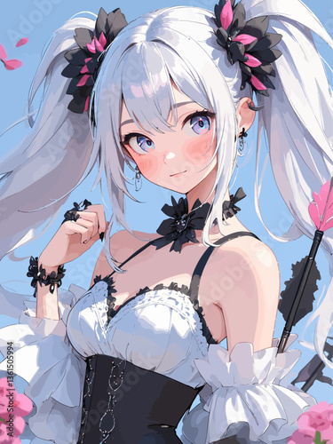 A cute anime girl with silver hair, pink highlights