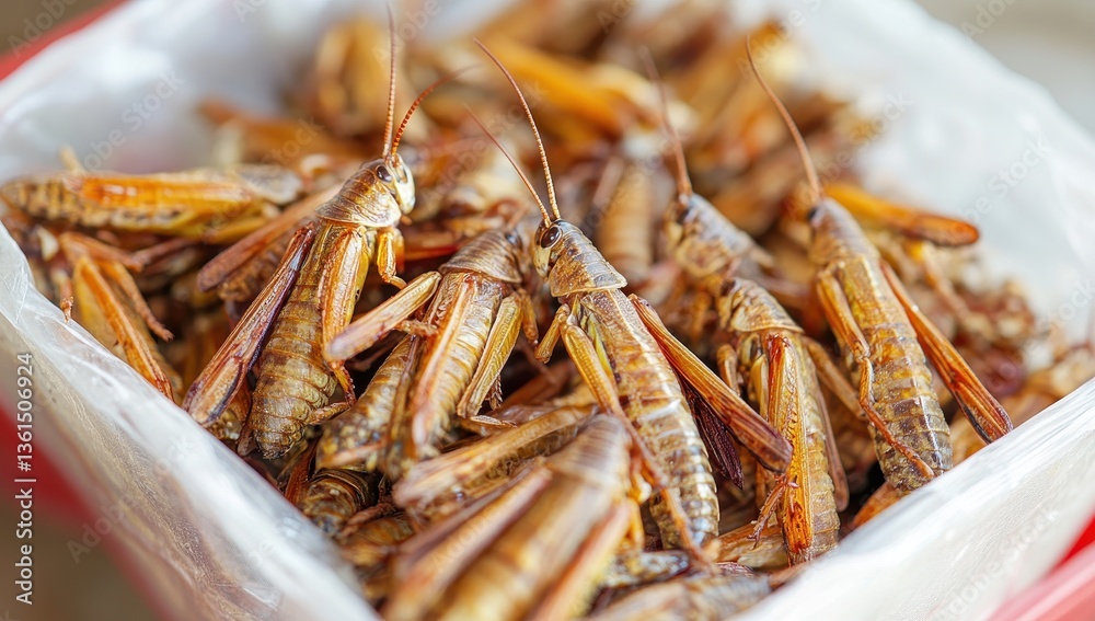 Freshly Caught Grasshoppers in a Plastic Container Ready for Cooking and Consumption in a Culinary Scene Focused on Unique Protein Sources Freshly Caught Grasshoppers in a Plastic Container Ready for Cooking and Consumption in a Culinary Scene Focused on Unique Protein Sources