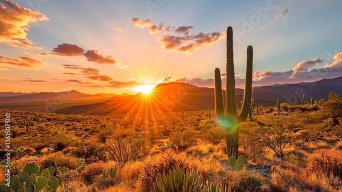 Desert landscape with sun shining through mountain gaps