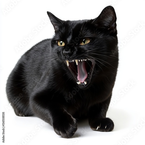 Angry Black Cat with Bared Teeth, Aggressive Expression