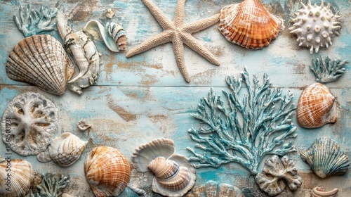 Seashells and Starfish on Rustic Blue Wood