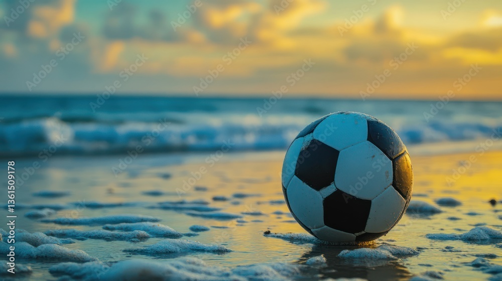 Fototapeta premium Soccer Ball Beach Sunset Vacation