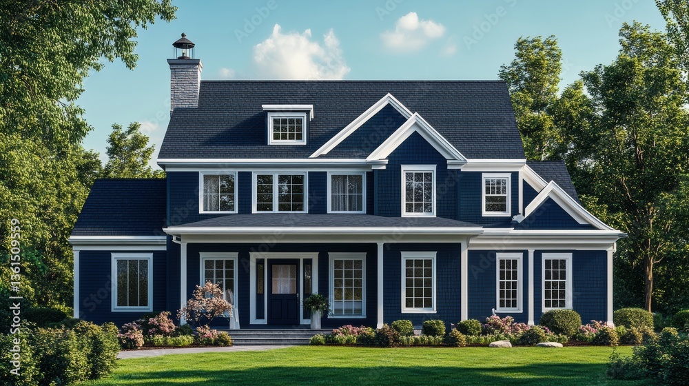 Obraz premium Modern blue house with landscaped garden under a clear sky, showcasing vibrant greenery