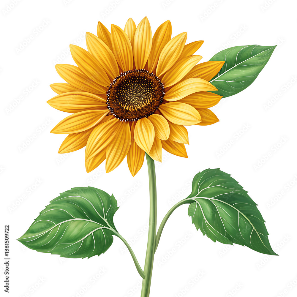 Naklejka premium Bright sunflower with green leaves isolated on a transparent background