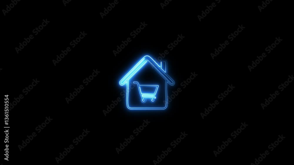 A glowing neon shopping cart with a house icon animates smoothly. The neon shopping cart, featuring a house icon, pulses with vibrant light. A bright neon shopping cart with a house symbol flickers. A glowing neon shopping cart with a house icon animates smoothly. The neon shopping cart, featuring a house icon, pulses with vibrant light. A bright neon shopping cart with a house symbol flickers.