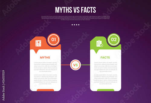 myths vs facts infographic for comparison data with creative table with circle and small arrow callout with modern dark gradient style background with 2 point information