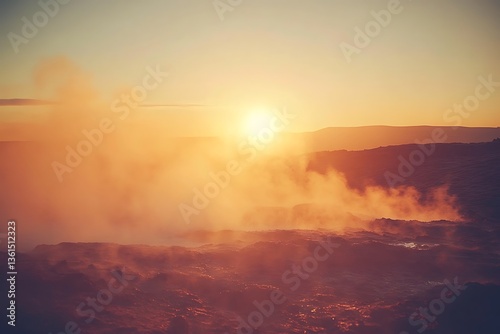 Geothermal sunset landscape, steam rising, hills. Possible use Stock photo