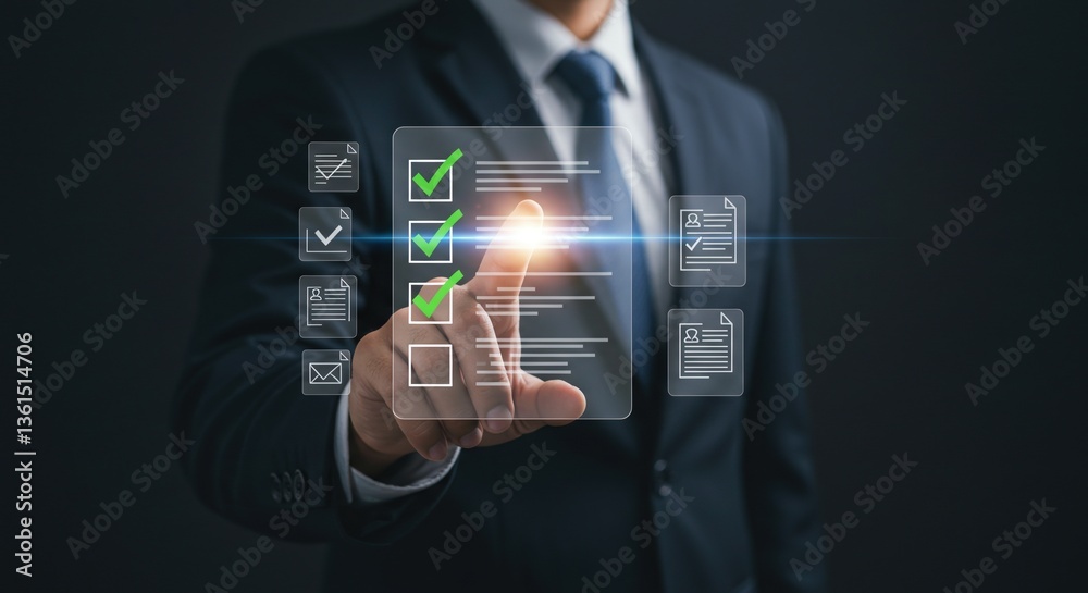 Fototapeta premium A Professional Middle-Aged Caucasian Male in a Suit Using a Digital Checklist Interface to Complete Tasks and Manage Business Operations