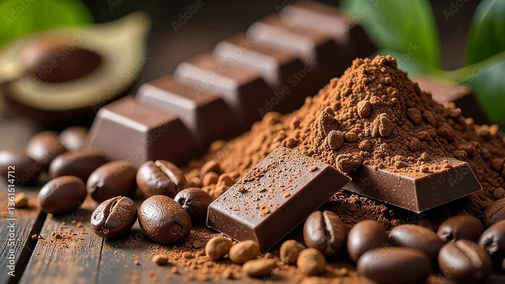 A pile of chocolate and coffee beans. The chocolate is in the form of a bar and a pile of powder