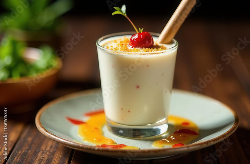 Milkshake with fresh berries in transparent glass