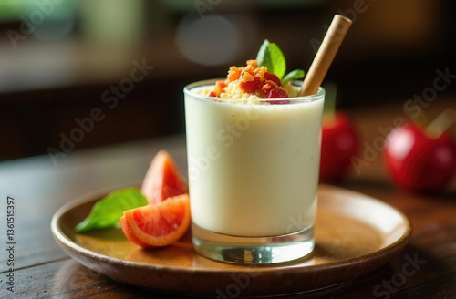 Milkshake with fresh berries in transparent glass with straw