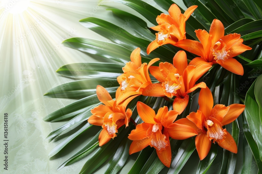 Fototapeta premium A vibrant arrangement of orange flowers set against green foliage, illuminated by soft light, creating a fresh and lively atmosphere.
