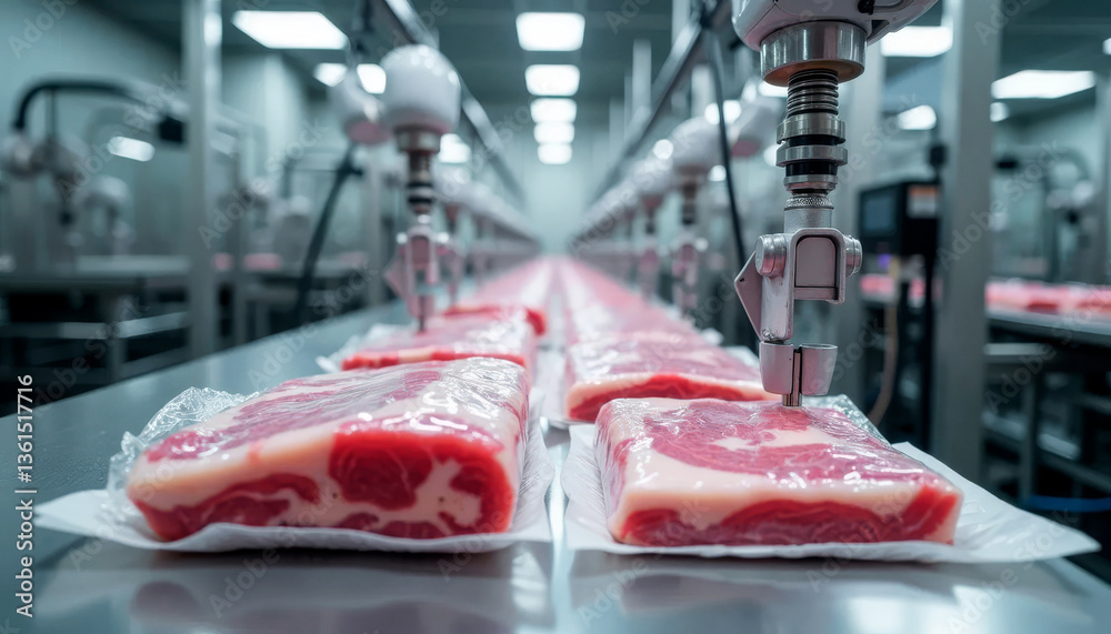 Automated robotic arms processing fresh packaged meat on a conveyor belt in a modern food production facility
