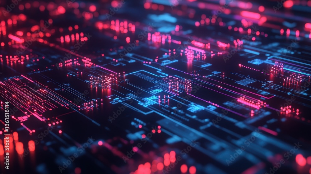 Fototapeta premium Cybernetic Circuitry: A detailed view of a high-tech circuit board, interwoven with glowing red and blue lights, representing the core of modern technology and the digital age.