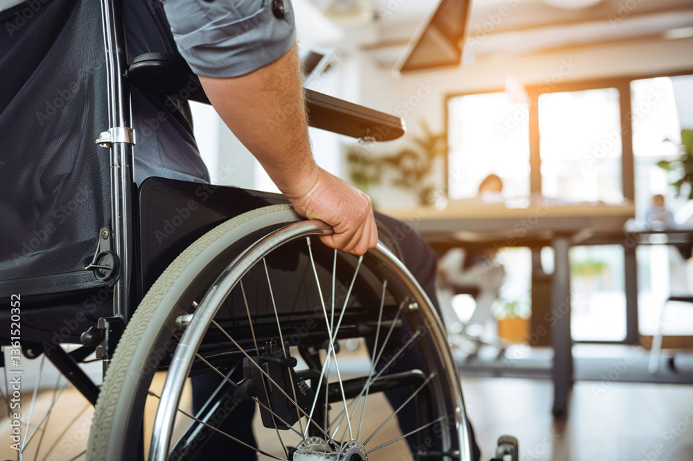 Obraz premium A person using a wheelchair working at a desk in a small, modern office