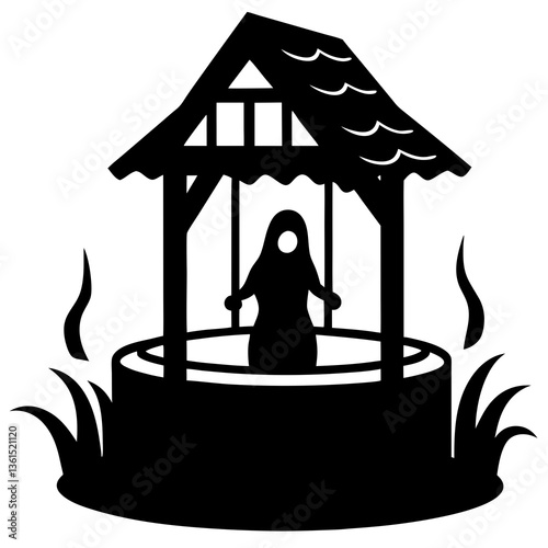 A haunted well with a ghostly figure silhouette vector illustration 