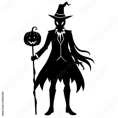 A witch in a black dress and hat, a cartoon silhouette with a broom, evokes Halloween magic