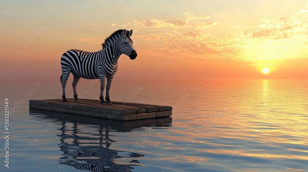 Fototapeta premium A zebra stands alone upon a small wooden floating raft